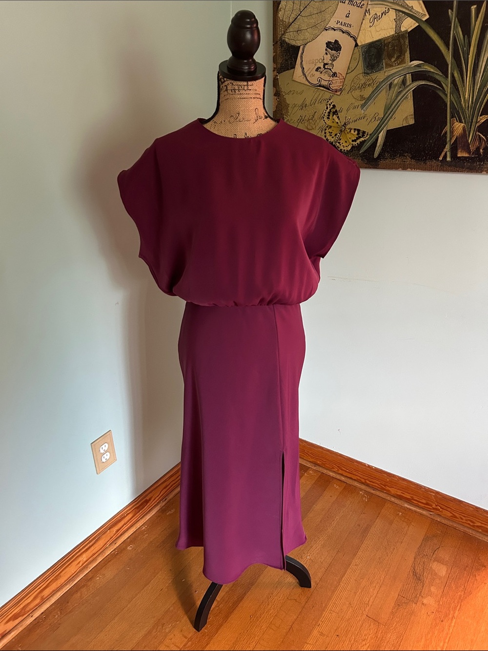 Women's Midi Dress in Burgundy with Blouson Bodice